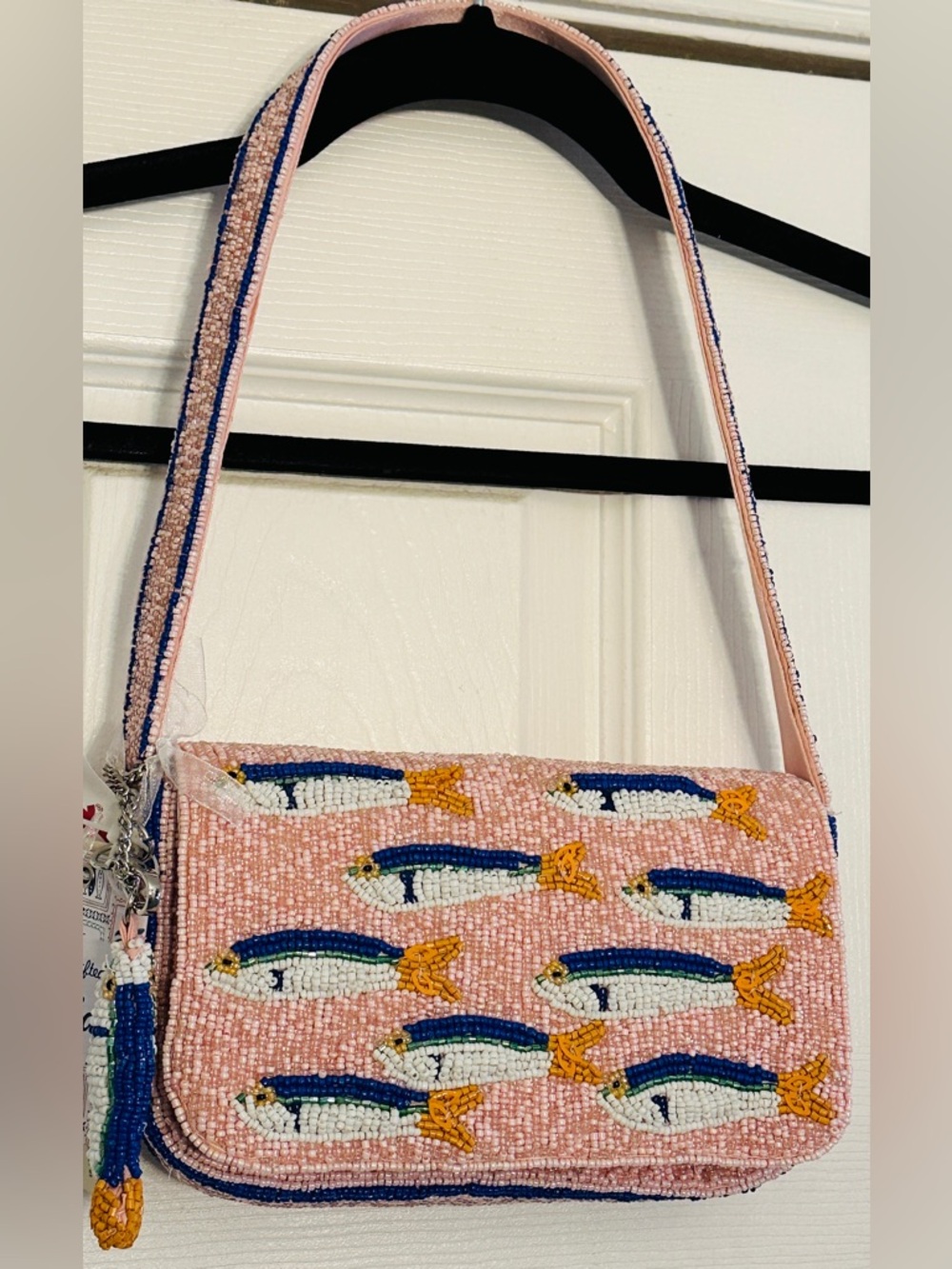 Handcrafted in India Pink Beaded Sardine Purse Bag With Sardine
Charm NWT